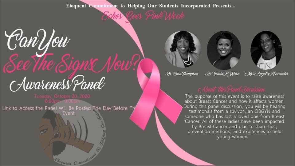 SSU_ECHOS's tweet image. Join the ladies of Eloquent Commitment to Helping Our Sisters for a panel discussion to hear testimonials from a breast cancer survivor, a family member of a victim, and a few tips from an OBGYN! To be informed is to be empowered💜💛. #ssu24 #ssu23 #ssu22 #ssu21 
#breastcancer