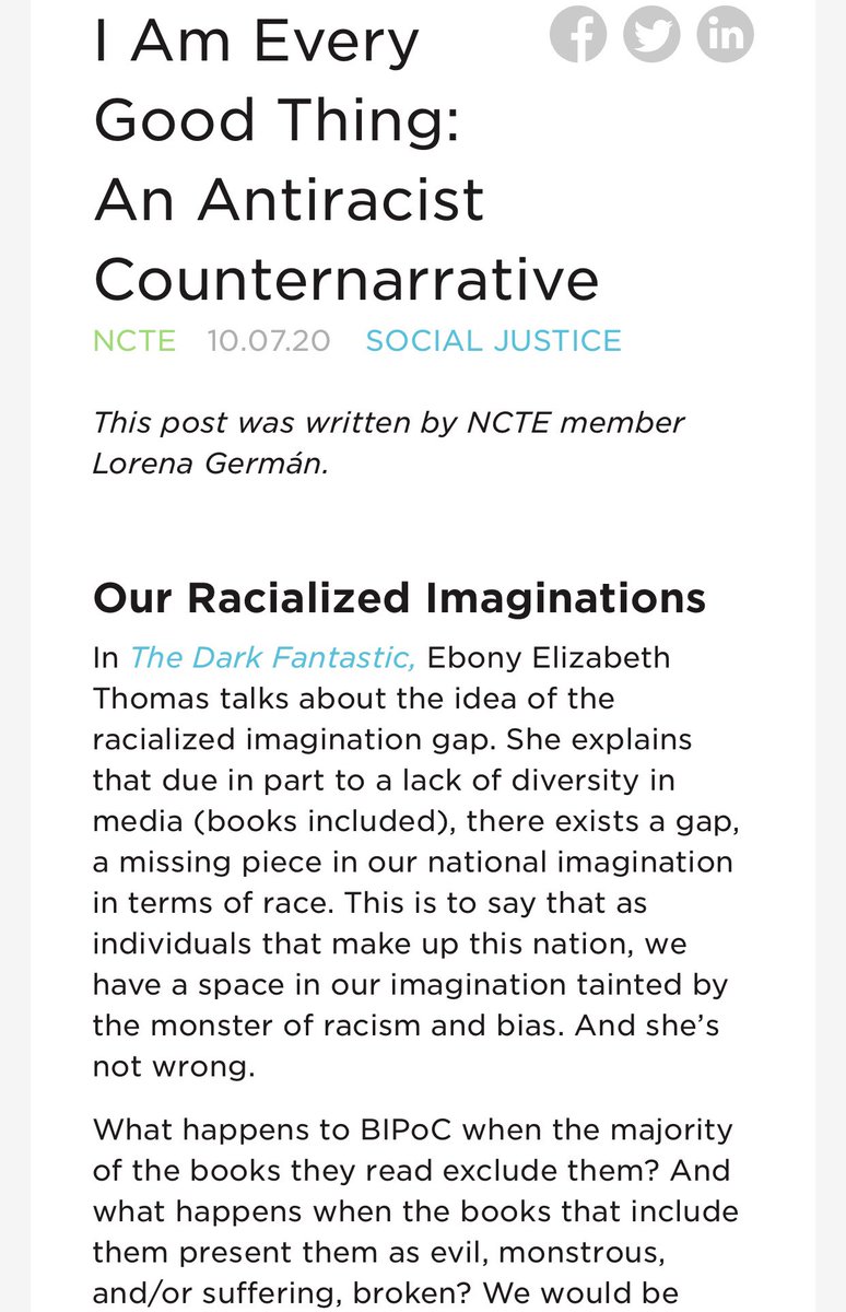 nenagerman's tweet photo. I wrote about how I Am Every Good Thing by @authorderrickbarnes needs to be used as an antiracist counter narrative in classrooms. Even early childhood ones. All students needs to have these convos. Thanks @NCTE for the space. https://t.co/EgwArudbps #CARBTE #DisruptTexts https://t.co/UaJ3hZtZHW