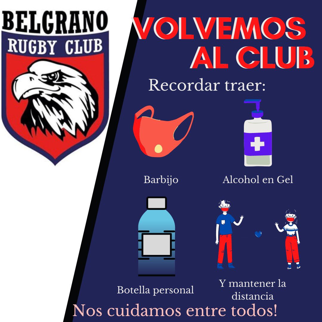 BelgranoRC's tweet photo. #VolvemosAlClub #Rugby #Hockey 🔵⚪️🔴

📍Belgrano Rugby Club 

🔻Nos cuidamos entre todos! No te olvides:
✔️Cubreboca 
✔️Alcohol en Gel
✔️Botella Personal 

#quelindoserdelprocer 
#belgranorugbyclub https://t.co/uUe2sfShSC