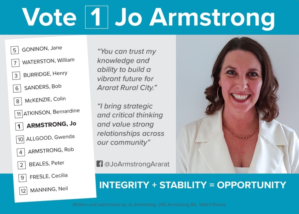 Jo_4_AraratRCC's tweet photo. Ballot papers have hit mailboxes across Ararat Rural City - please tap on this photo and screenshot it to help you make an informed choice - and vote 1 ARMSTRONG Jo 💪😃 
#lovewhereyoulive #wegetwhowevotefor #skillsandexperience #integrity #stability #opportunity https://t.co/VxNYMrmxpO