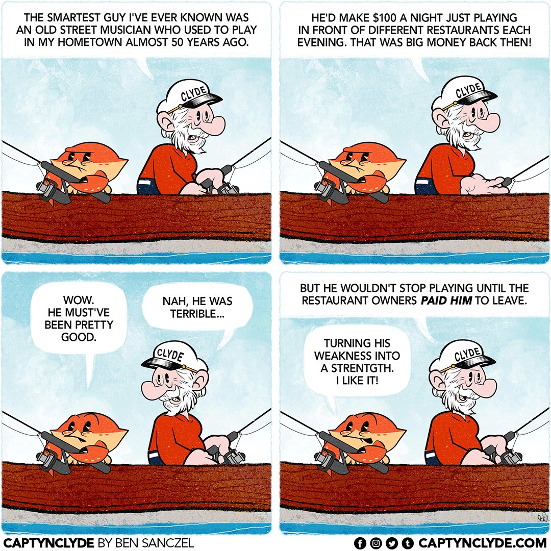 CaptynClyde's tweet photo. If you can’t improve on a weakness, figure out how to turn it into a strength.

#webcomic #comicstrip #dailycomic #captynclyde #FridayMotivation https://t.co/4gQUcQXU06