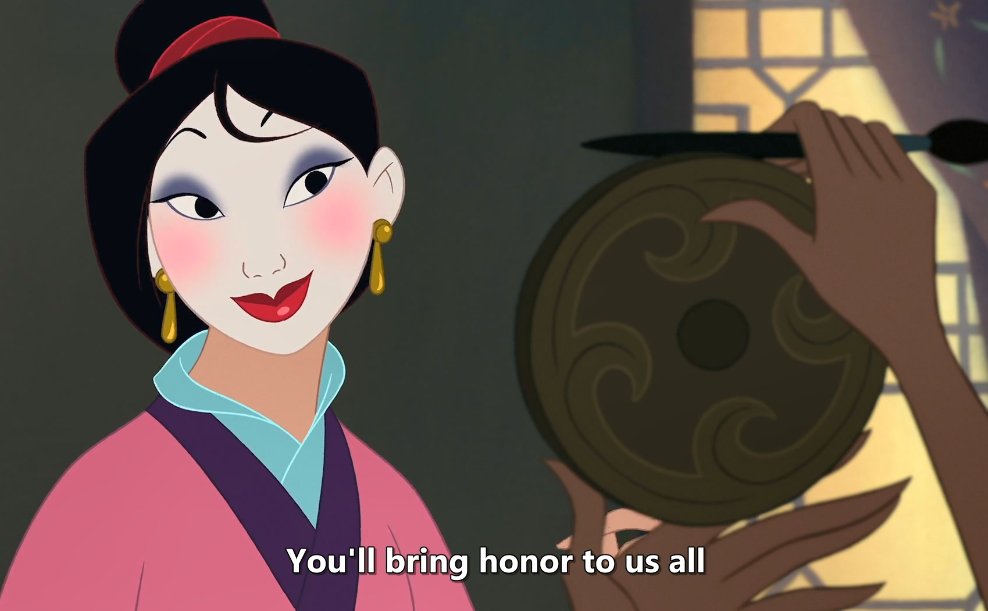 the spit curl Mulan insists on doing is her equivalent of the neon streak that Asian female characters have in their hair in non-historical movies made by white people