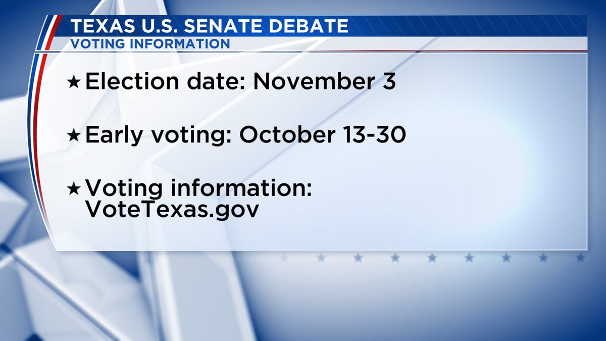 KXAN_News's tweet photo. Don’t forget! Election Day is November 3. Early voting in Texas begins October 13 and continues through October 30. #TXSenateDebate #Vote https://t.co/5iGmN3MsJo