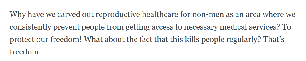 "Woman" is a dirty word.(Except when a man claims to be one)Replaced here by 1) "non-men"2) "people"(presumably the "people" killed by lack of reproductive healthcare for "non-men" are WOMEN)Is that what you meant by "non-men",  @anildash? https://anildash.com/2020/07/11/the-american-death-cult/