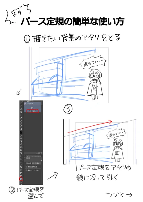 知り合い向けに作った、詳しい知識が無くても使えるパース定規の説明です 誰かの役に立てば幸いです 