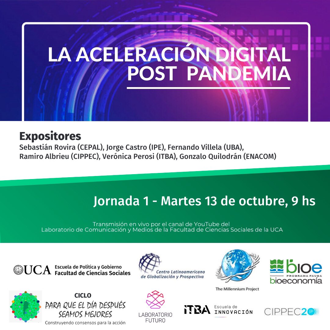 UCA Sociales (@ucasociales) on Twitter photo ✅Martes 13/10  ⏰9:00  #ElDíaDespués y la aceleración digital post #pandemia 
Organiza: <a href="/EPG_UCA/">Escuela de Política y Gobierno - UCA</a> <a href="/ITBA/">ITBA</a> <a href="/CIPPEC/">CIPPEC</a> 
📲Seguí la transmisión en vivo por el canal de YouTube del #MediaLabUCA  de <a href="/UCASociales/">UCA Sociales</a> 👇👇👇
youtu.be/oh2wBzPLN04 ✅Martes 13/10  ⏰9:00  #ElDíaDespués y la aceleración digital post #pandemia 
Organiza: <a href="/EPG_UCA/">Escuela de Política y Gobierno - UCA</a> <a href="/ITBA/">ITBA</a> <a href="/CIPPEC/">CIPPEC</a> 
📲Seguí la transmisión en vivo por el canal de YouTube del #MediaLabUCA  de <a href="/UCASociales/">UCA Sociales</a> 👇👇👇
youtu.be/oh2wBzPLN04