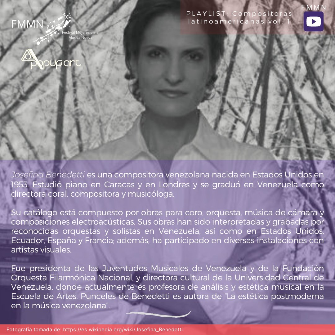 micaelamiau's tweet photo. 🧡Hoy viernes queremos presentarles a la compositora venezolana Josefina Benedetti 🇻🇪. Esperamos conozcan su interesante trabajo y se animen a comentar nuestra #Playlist Compositoras Latinoamericanas Vol. 1.
👉https://t.co/QS5S8uIdwc
🎧 https://t.co/AiTb1BZms3...
#FMMN #popuart https://t.co/uQf3RVxm66