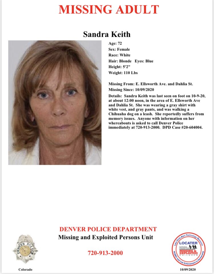 PLZ RT: Missing Elderly Female , if anyone has information on Ms. Keith’s whereabouts please contact police immediately. 720-913-2000.