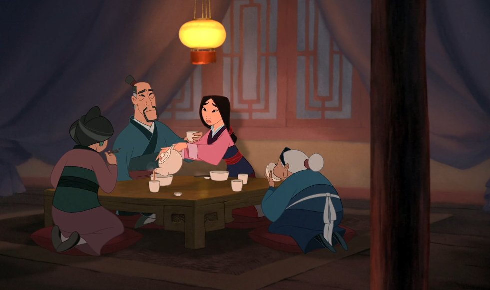 low table is accurate, but what is with Mulan's family eating LITERALLY NOTHING BUT RICE AND TEA??? They would at least have a plate of veggies to share