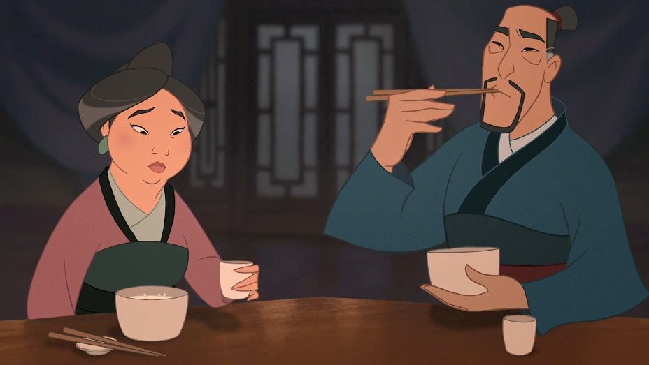 low table is accurate, but what is with Mulan's family eating LITERALLY NOTHING BUT RICE AND TEA??? They would at least have a plate of veggies to share