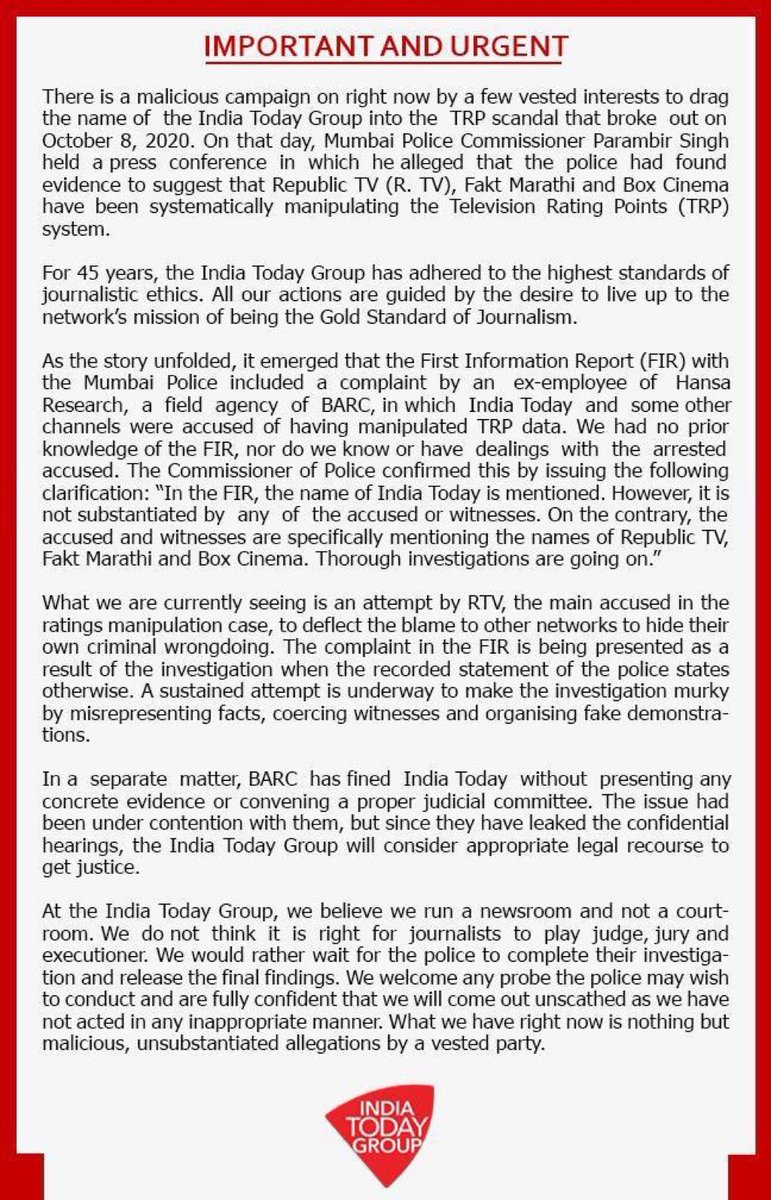 This is unbelievable . Seems  @aroonpurie is not upset at being caught for Ratings manipulation and then quietly having to pay fine for it but he is upset at why this information was leaked! it would still have been okay if his channel was not busy in blaming Republic for fraud:)