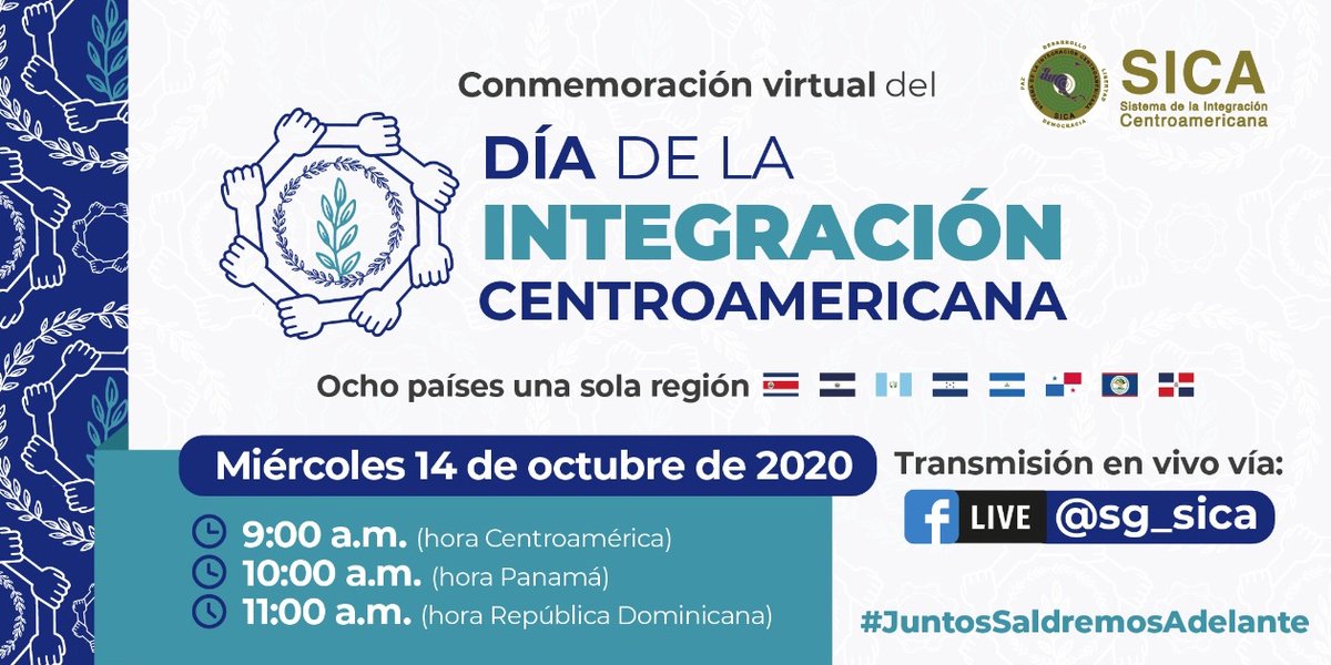 sg_sica's tweet image. Cada 14 de octubre conmemoramos el #DíaDeLaIntegración Centroamericana. Este año lo dedicamos a todo el personal de salud de los Estados miembros del #SICA por su entrega y sacrificio frente a la #COVID19 ¡Acompáñanos!⬇️
📅14 OCT
⏰09 AM 
✅FB Live SG-SICA 
#RegiónDeOportunidades