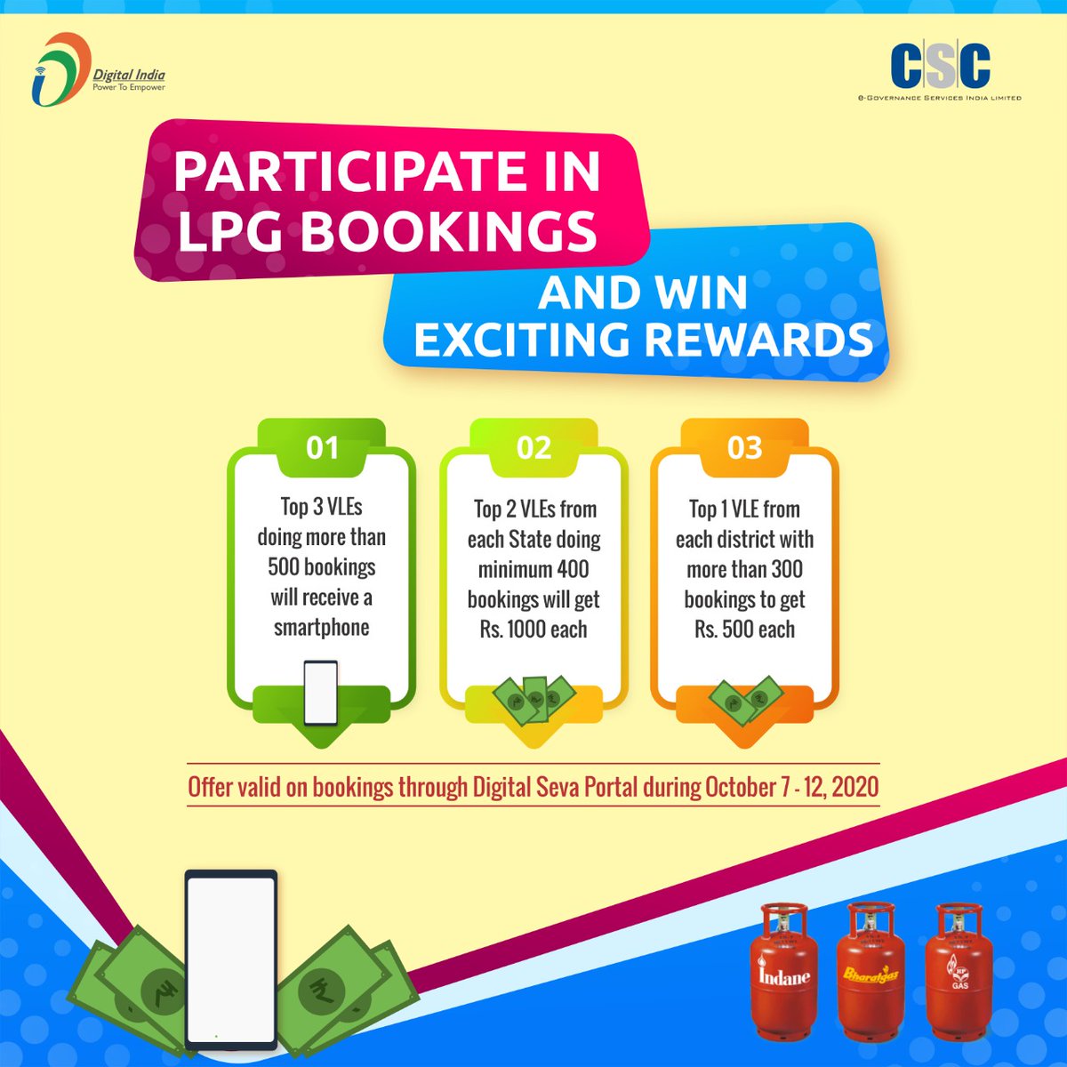 dmjagdeep's tweet image. Dear VLEs, Participate in #LPG Bookings and Win exciting rewards...

Offer valid on bookings through Digital Seva Portal from October 7th - 12th, 2020.

#cscrewari @dintya15 @ashi_apple