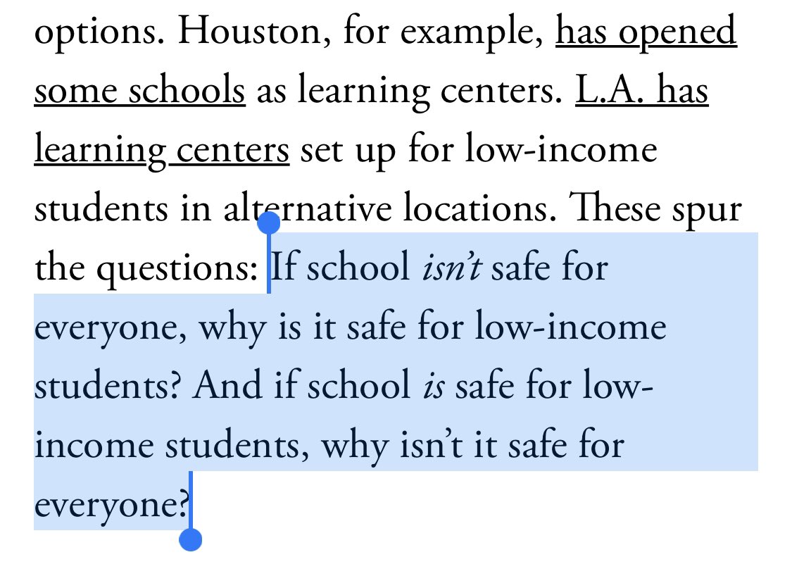 And as overconfident as the article comes off to me, this statementis maybe the most problematic. Reminder: Crowding  transmission. Limiting school to kids in need  crowding. Limited students IS safer vs full school attendance. Add everyone & the risk changes. 6/