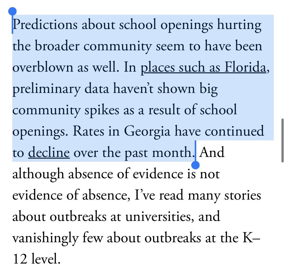 One thing to keep in mind is that schools within states have different policies. The data we see are not that of opening all schools - some are fully virtual, some partly, some not at all. Not all kids in these analyses are in school. This will underestimate any effect. 3/