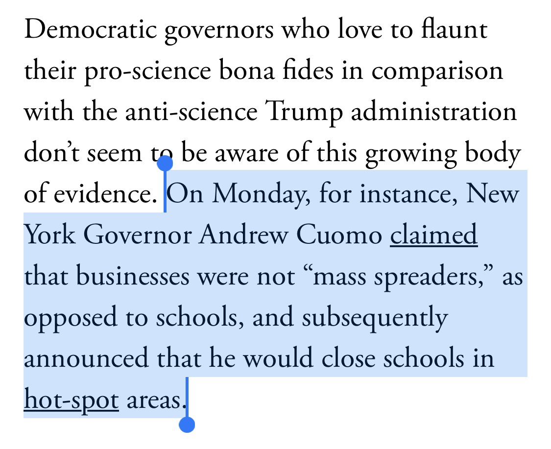 To me this seems like basic aresol transmission control so I find it really odd that someone claiming expertise is making such an obvious mistake. Stones and glass houses and all...But claiming business are not mass spreaders is way off base. See: bars & eat-in restaurants. 7/