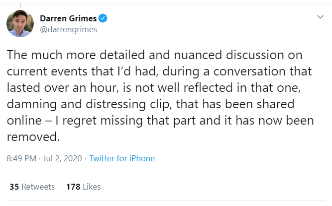 However  @darrengrimes_ martyr/hero is weak. This shows - even post hoc - he still lacks a basic grasp of what overt racism is, or his responsibility as a publisher. Like Starkey "one word", Grimes only apologised for "one damning clip" in a "nuanced" "bloody fantastic" interview