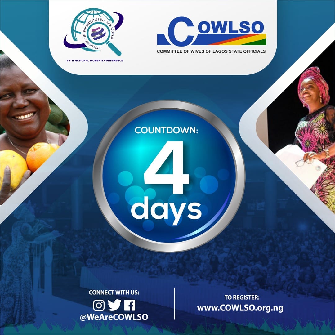 It's 4 days left, we are ready. Are you ready?

Register now if you haven't cowlso.org.ng

#cowlso #cowlso2020 #weareone #lagos #eko #itesiwajueko #itesiwaju #nationalwomensconference #cowlsoconference