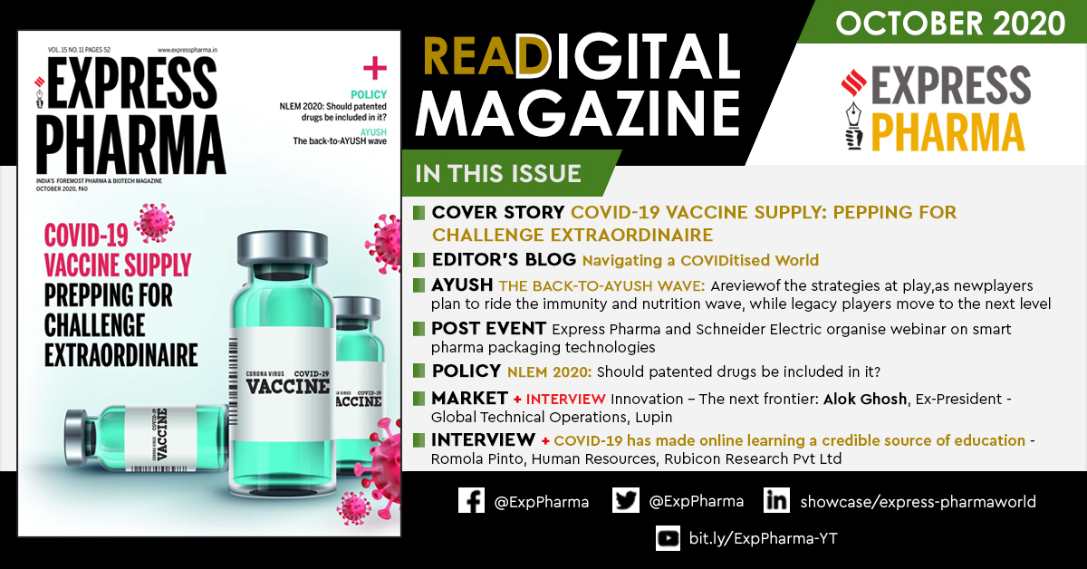 #DigitalIssue of #ExpressPharma October 2020: Covid-19 Vaccine Supply: Pepping For Challenge Extraordinaire is out now and available online at bit.ly/ep-digimag-oct… #digimag <a href="/Viveka_Roy/">Viveka Roychowdhury</a> <a href="/LNair23/">Lakshmipriya Nair</a> <a href="/SharmaUsha27/">Sharma Usha</a> <a href="/rbhatkal/">Rajesh Bhatkal</a> | To Advertise: rajesh.bhatkal@expressindia.com
