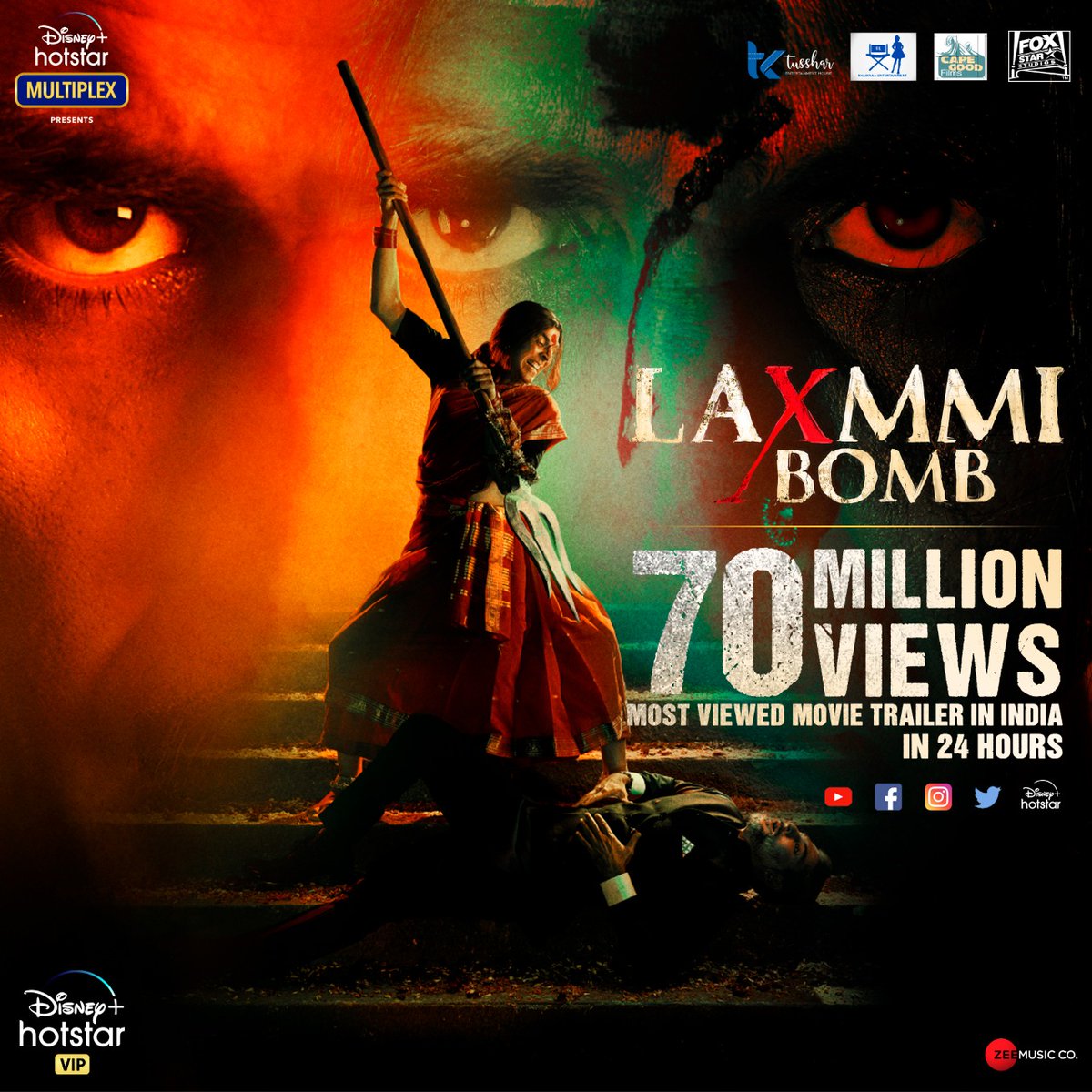 Bollywood No. 1 superstar #AkshayKumar's 
#LaxmmiBombTrailer most viewed trailer in India in 24 Hours
#YehDiwaliLaxmmiBombWali 
#FoxStarStudios #DisneyPlusHotstarMultiplex 
#LaxmmiBomb @TusshKapoor