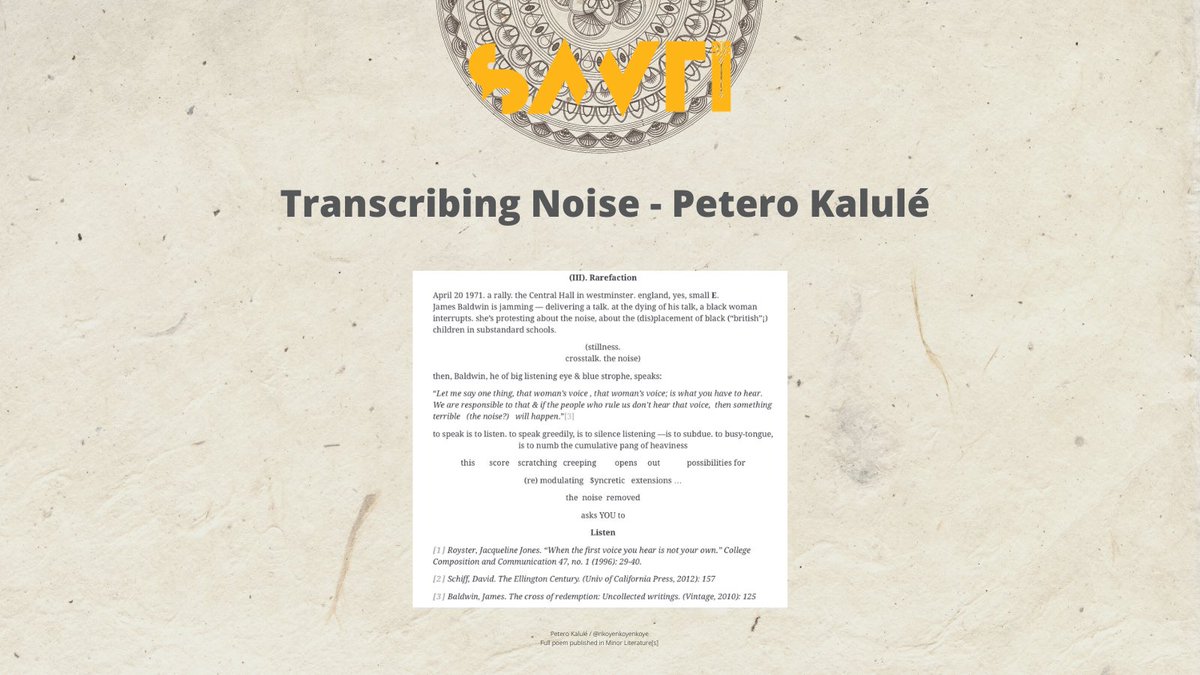ProjectSawti's tweet photo. Transcribing Noise - by Petero Kalulé (@nkoyenkoyenkoye)

A quietly moving poem available online w/ @MinorLits https://t.co/EwMoRL3Vuf