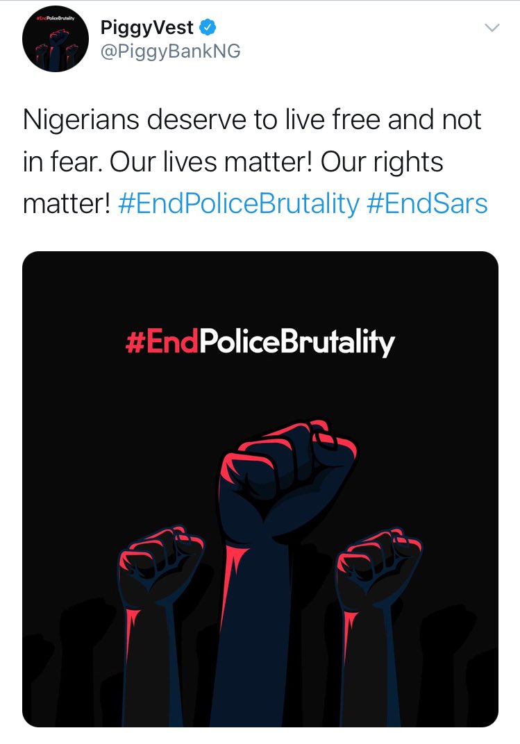 Repeat after me: NA BRAND WEY POST ABOUT  #EndSARS  #EndSarsNow  #EndPoliceBrutality WE GO SUPPORT FROM TODAY!NEVER FORGET BRANDS THAT VOICED OUT FOR US ON THEIR PLATFORMS!THIS IS A THREAD OF BRANDS THAT HAS OUR INTEREST AT HEART!1:  @PiggyBankNG