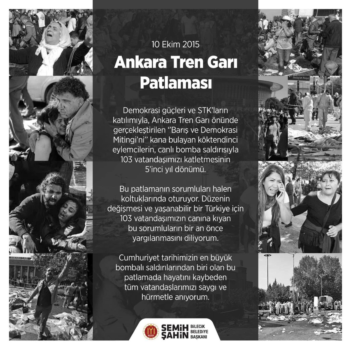 Ankara Tren Garı önünde gerçekleştirilen ‘’Barış ve Demokrasi Mitingi’nde 103 vatandaşımızın katledilmesinin 5’inci yıl dönümü.
Cumhuriyet tarihimizin en büyük bombalı saldırılarından biri olan bu patlamanın tüm kurbanlarını saygı ve hürmetle anıyoruz.
#10EkimiUnutmaUnutturma https://t.co/U6mgo9GNX6