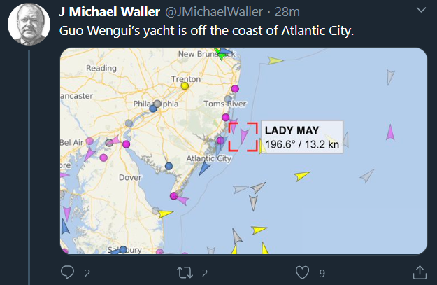 10/9/20With the recent interest of the three letter agencies in the threats against the Mayor of Midland + bounty on Bob Fu by Guo Wengui and multiple Senators and Congressmen calling on urgent protection of  @BobFu4China,the movements of his yacht are quire interesting.