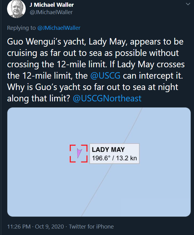 10/9/20With the recent interest of the three letter agencies in the threats against the Mayor of Midland + bounty on Bob Fu by Guo Wengui and multiple Senators and Congressmen calling on urgent protection of  @BobFu4China,the movements of his yacht are quire interesting.