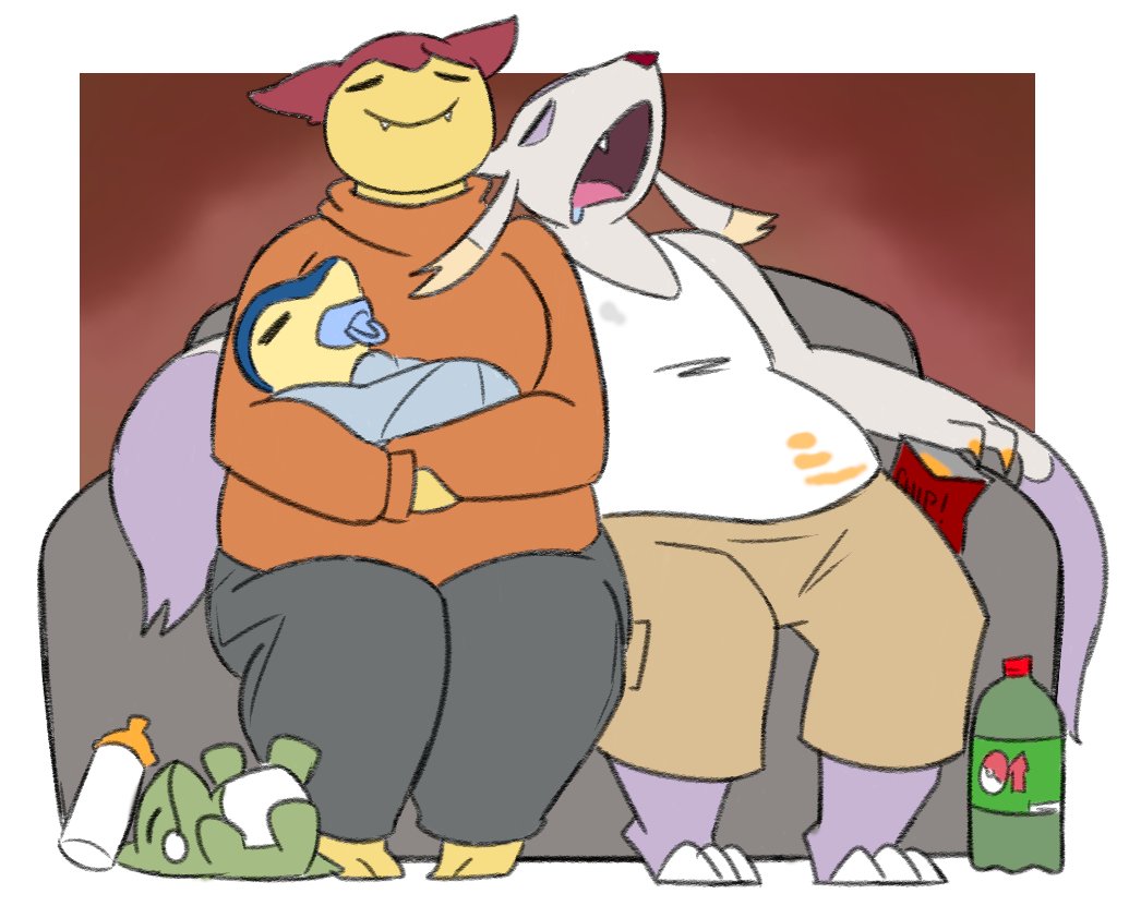 Next up is Jamie's family! There's the sweet, loving, caring momma Mallory the Typhlosion, the lazy, fat, but still loving and caring dad Desmond the Mienshao, along with one of his baby twin brothers! I've yet to get art of his younger Mienfoo sister Stephanie and the other twin