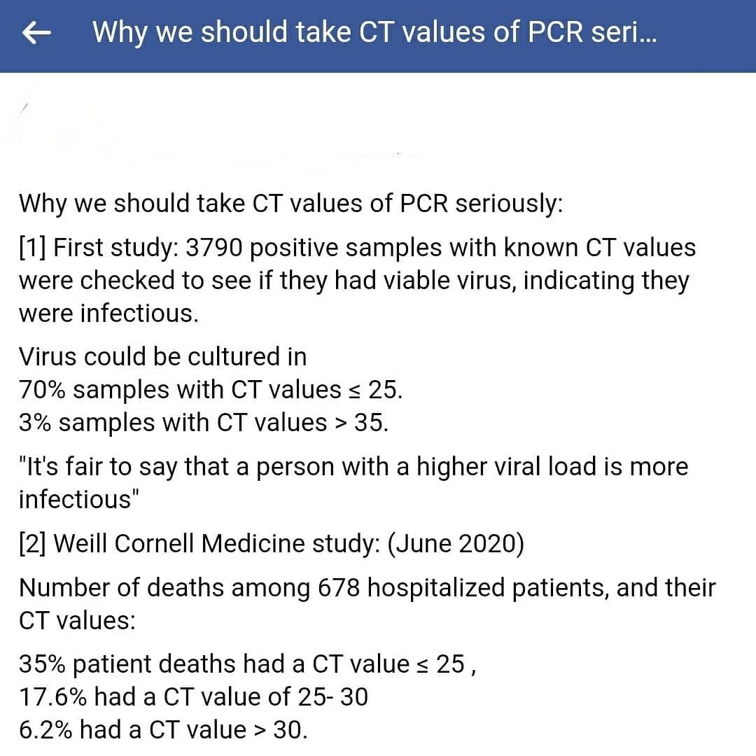 [1] Viable virus checked in 3790 positive samples with known CT values. (indicating they were infectious) Virus could be cultured in70% samples with CT values ≤ 25.3% samples with CT values > 35."It's fair to say that a person with a higher viral load is more infectious"
