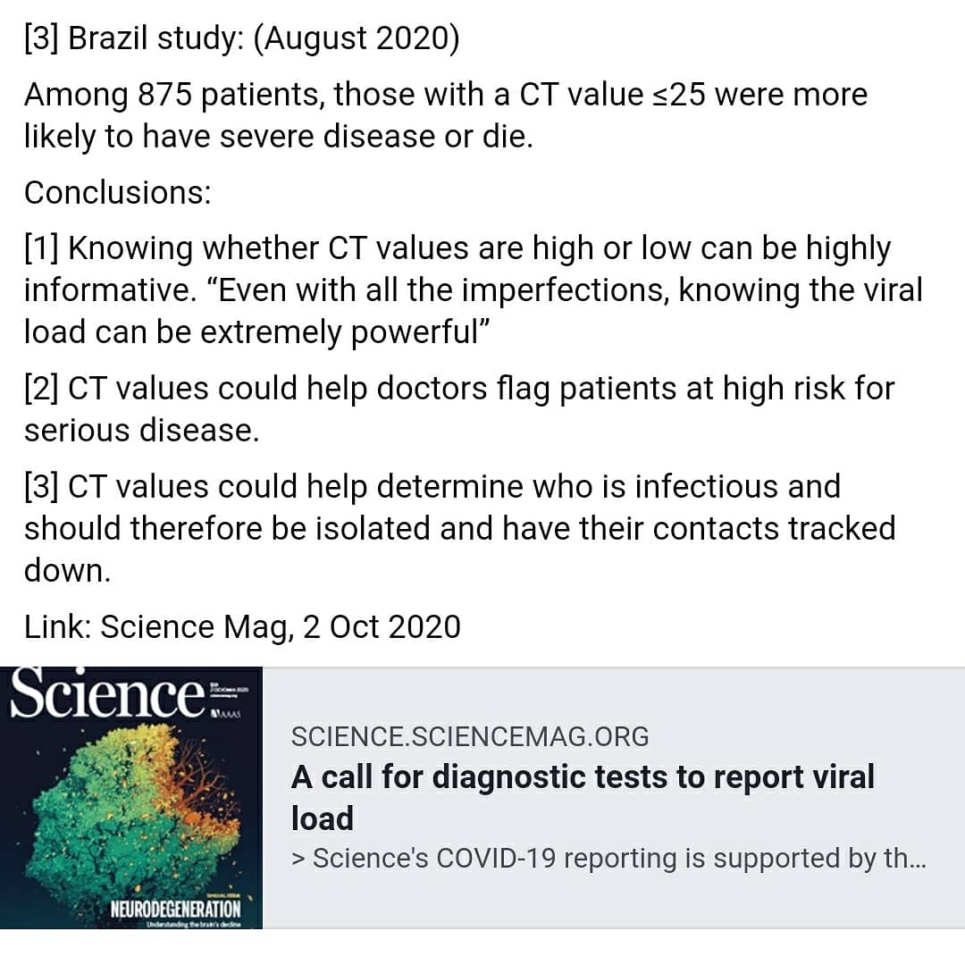 [1] Viable virus checked in 3790 positive samples with known CT values. (indicating they were infectious) Virus could be cultured in70% samples with CT values ≤ 25.3% samples with CT values > 35."It's fair to say that a person with a higher viral load is more infectious"