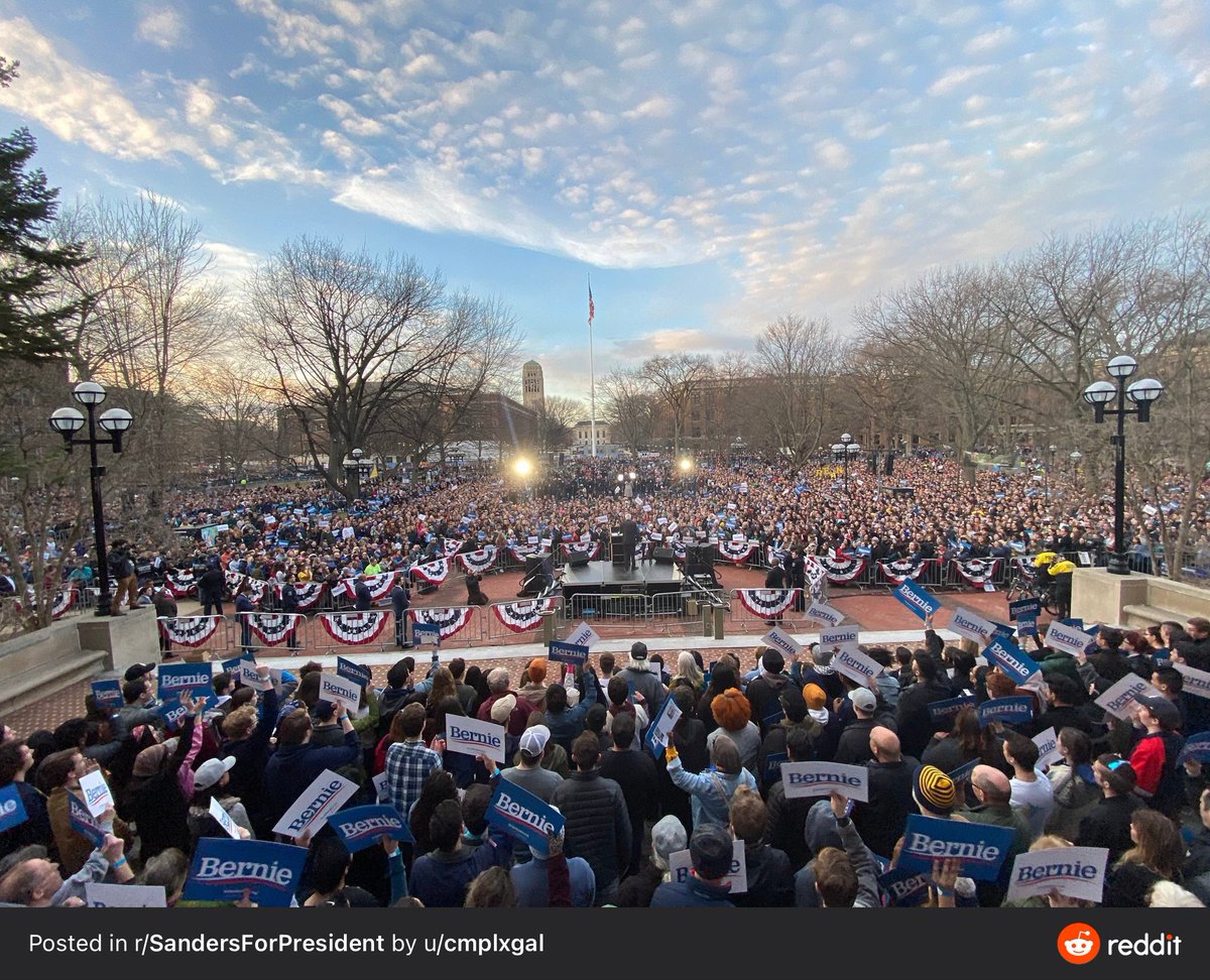 PeoplesParty_US's tweet photo. The first photo is Bernie’s rally in Ann Arbor, Michigan on March 8. The second photo is his rally for Biden in Ann Arbor on Monday. 

If Bernie Sanders was running as a People’s Party candidate against Biden and Trump today, he would be the next president of the United States. https://t.co/BySqrv2Hmi