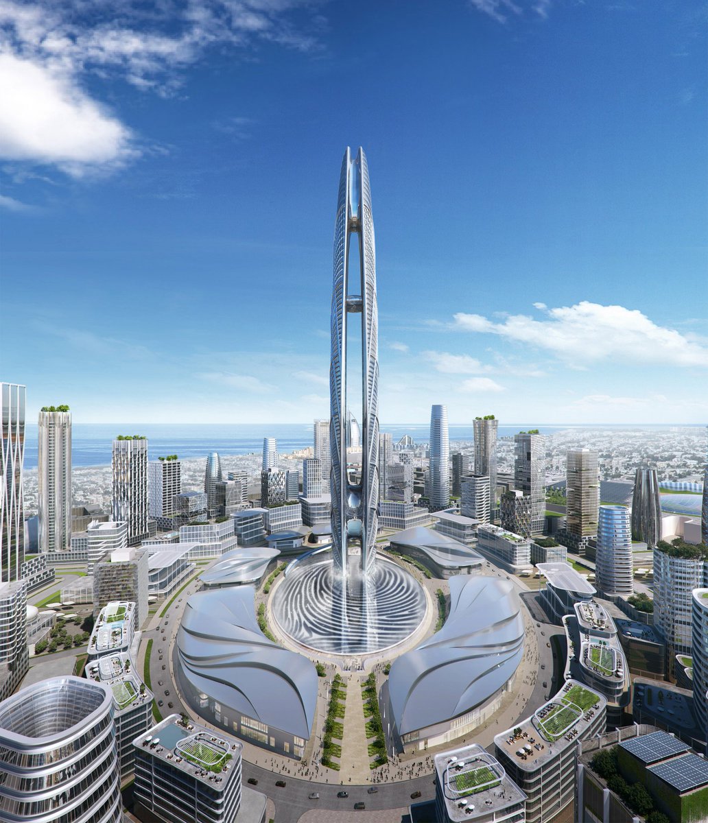 超高層ビル 都市開発研究所の中の人 きりぼうくん Somの設計した アラブ首長国連邦ドバイで計画されている高さ550mの Burj Jumeira 2つの超高層ビルが連結したようなデザイン が特徴的で 周囲を囲む噴水や水盤が不思議なデザイン Som Burj