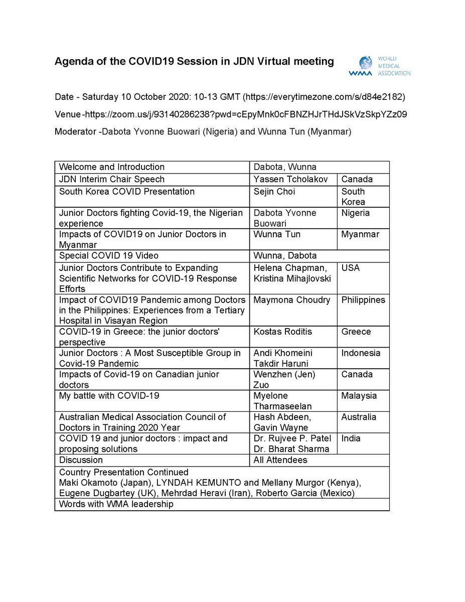 .<a href="/medwma/">World Medical Association</a> <a href="/WMAJDN/">WMA-JDN</a> Anniversary Virtual Mtg #COVID__19 Special Session kick off today 10AM UTC #WMAJDN #WMAGA20 <a href="/yassentch/">Yassen Tcholakov</a> <a href="/hj_chapman/">Helena Chapman</a> <a href="/DrAhmetMurt/">Ahmet Murt</a> <a href="/butcherdoc/">Kostas Roditis</a> <a href="/LujainAlqodmani/">Lujain Alqodmani</a> @patrickezie <a href="/fehimesen/">Fehim Esen</a> <a href="/ThorstenHornung/">Thorsten Hornung</a> <a href="/elizabeth_wiley/">elizabeth wiley</a> <a href="/HyunyoungShin/">HY Deborah Shin</a> <a href="/CalineMattar/">Caline Mattar</a>