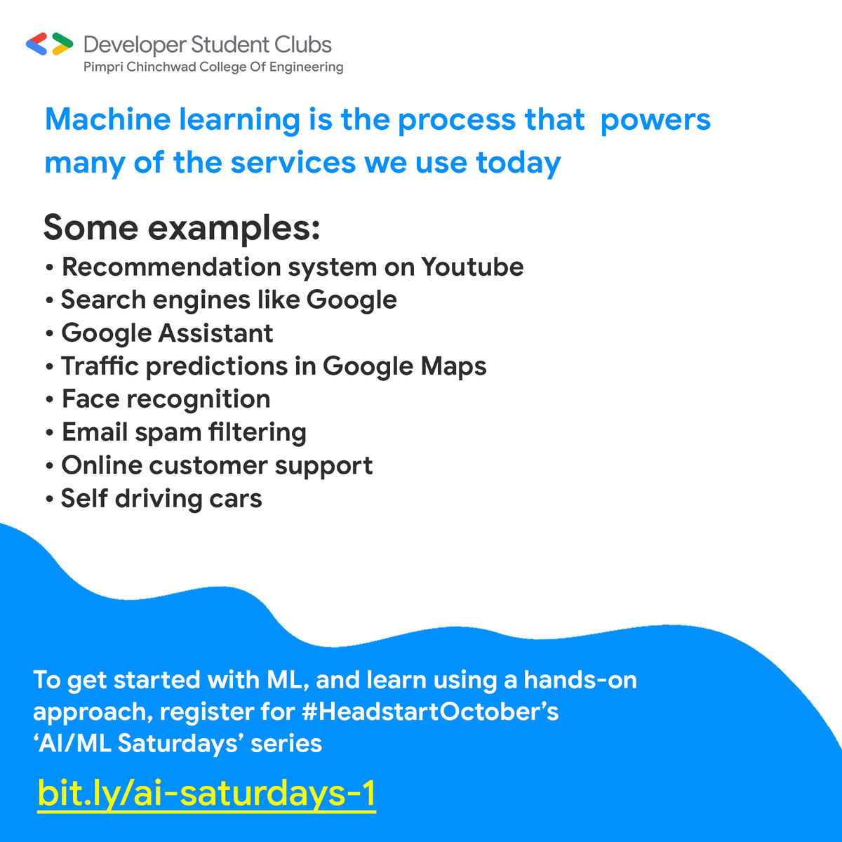 gdscpccoe's tweet photo. What is Machine Learning? Why is everyone talking about it? To get answers to these questions, remember to join us for AI Saturdays Session #1 today at 5 PM π―π―
https://t.co/mkog4SlRGn
#HeadstartOctober #dscpccoe #developerstudentclubs #dsc #googledevelopers https://t.co/mqMs0A09x8