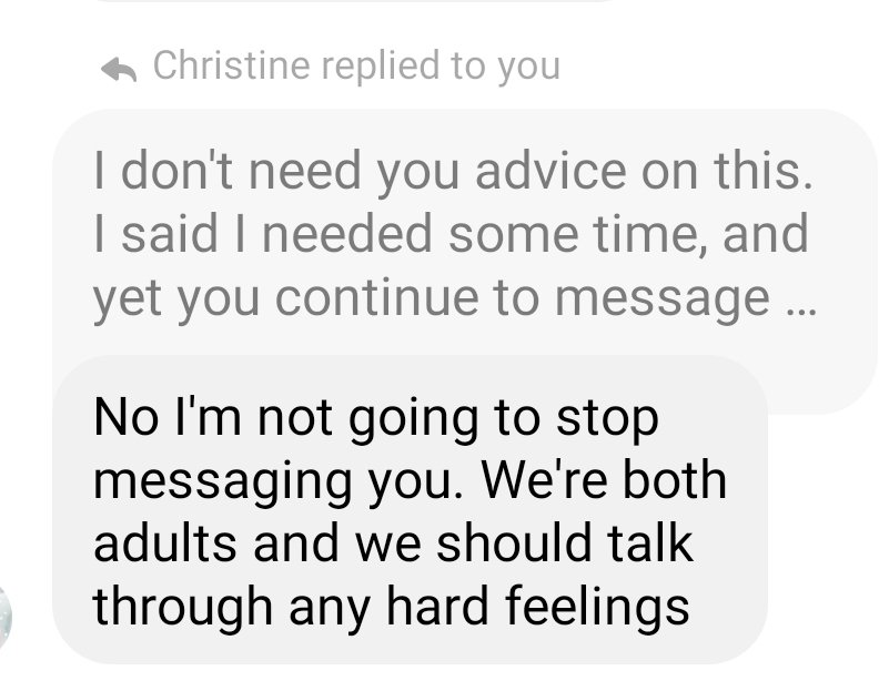 Oh any you want to know something else she replied after I muted it?  The adult thing is for us both to step back and take a break. I wasn't punishing her at all. smdh I was using a social media function that stops me from getting notifications for a set amount of time.