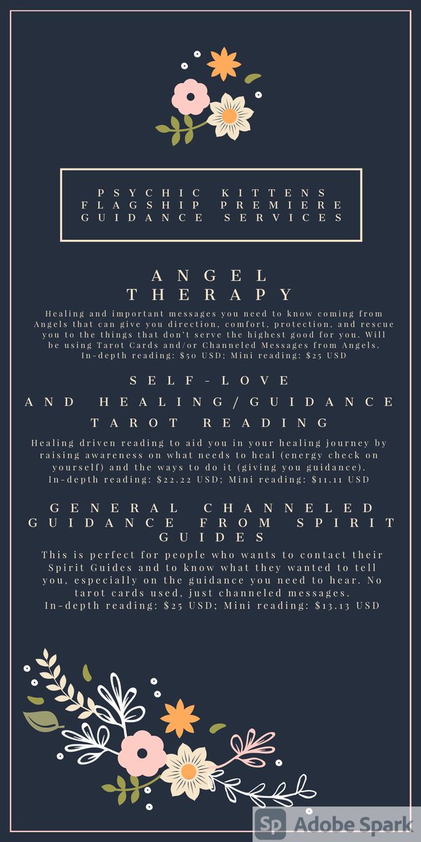 HELLOOOOO THIS IS MY NEW MENU!!! These are my flagship premieré guidance services + Angel Therapy Reading! Check out my other services in this thread below! Book here:  https://forms.gle/gDBcJYnofEHG2Te8A