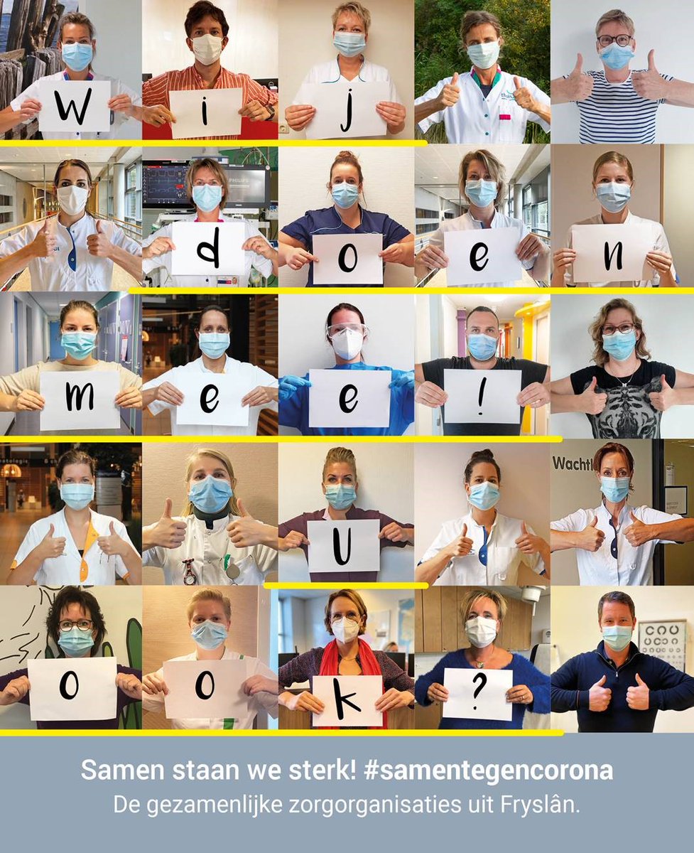 Deze coronaperiode vraagt veel van onze zorgprofessionals. Om ons werk goed te kunnen blijven doen en om te zorgen dat de zorg door kan gaan, vragen we u alle corona-maatregelen goed te volgen. Thuis, buiten en op het werk.

Samen staan we sterk! #samentegencorona #wijdoenmee