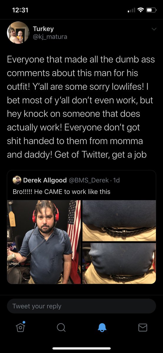 BMS_Derek's tweet photo. This guy thinks people are laughing at his outfit. No dumbass. He has a huge load on the front of his shirt. Which is perfectly acceptable to point out and laugh @kj_matura https://t.co/sEiT3xXC8l