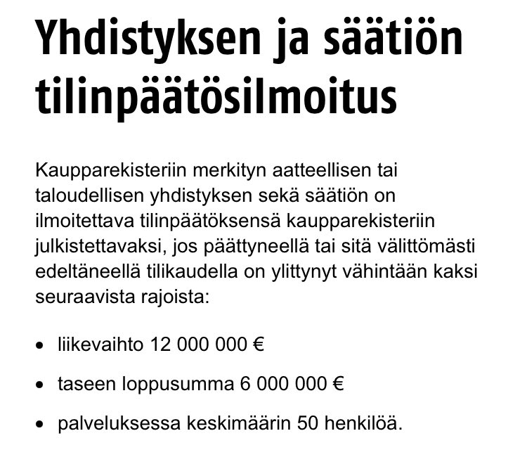 @jsssiv @TVahakangas @TerhiMajasalmi Ei ole.
Yhdistyksen tilinpäätöstä ei tarvitse julkistaa, jos rahaa hassataan alle 12 M€.