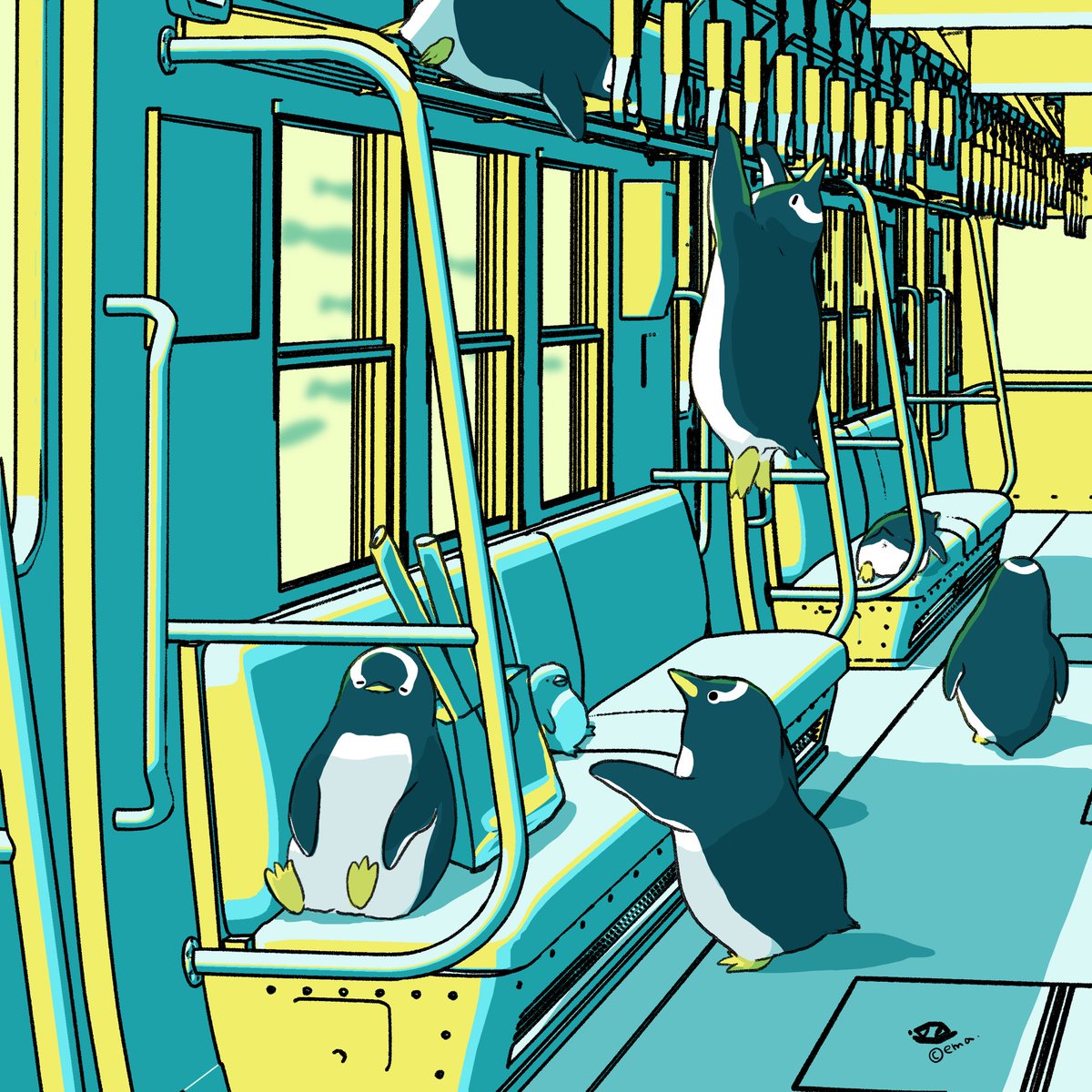 「帰りのペンギン専用列車#ペンギン #penguin #ジェンツーペンギン 」|えまごろう🐧のイラスト