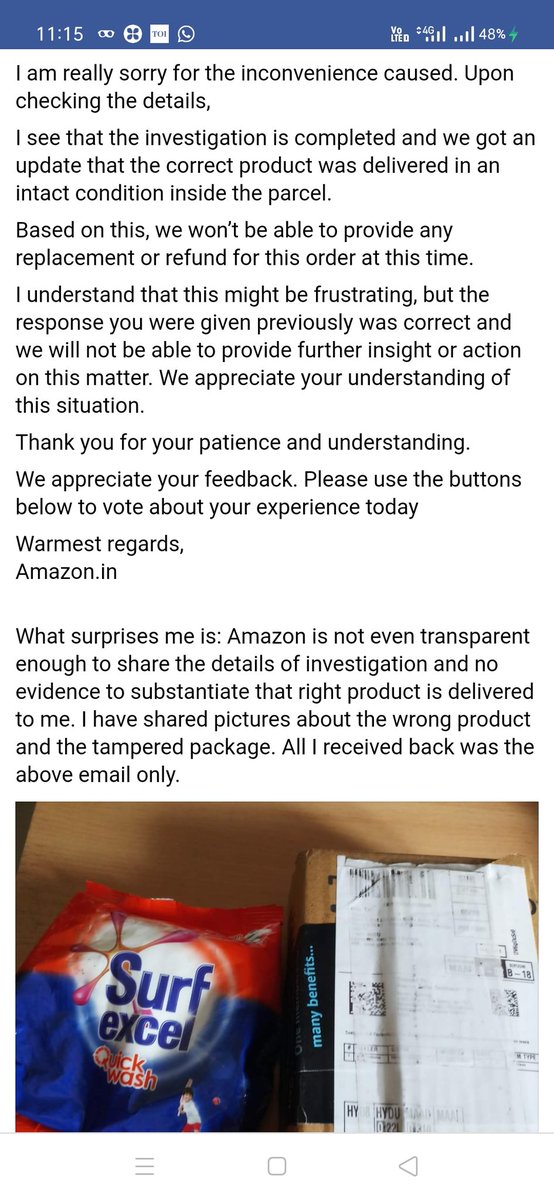freejo47's tweet image. @AmazonHelp @amazonIN @amazon #GreatIndianFestival a horrific experience my friend went through.she ordrd a mobile worth 16k &amp;amp; was delivered surf excel. Worst tat amazon closed the case saying correct product delivered.I  suggested to buy online,will never ever suggest anyone.