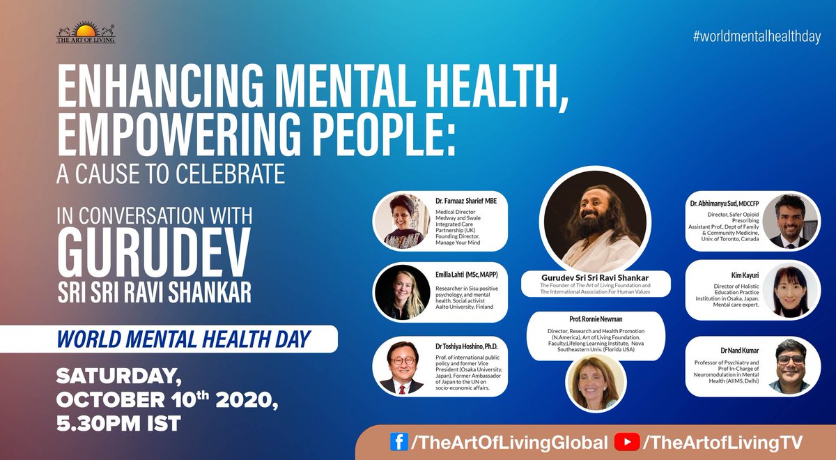 On the occasion of #WorldMentalHealthDay, Gurudev @SriSri Ravi Shankar in conversation with Mental Health experts from around the world, on the necessity of enhancing Mental Health to empower individuals.
Join Live Today at 5.30 PM IST
https://t.co/JGmbkmwJax https://t.co/jKS1R86fFa