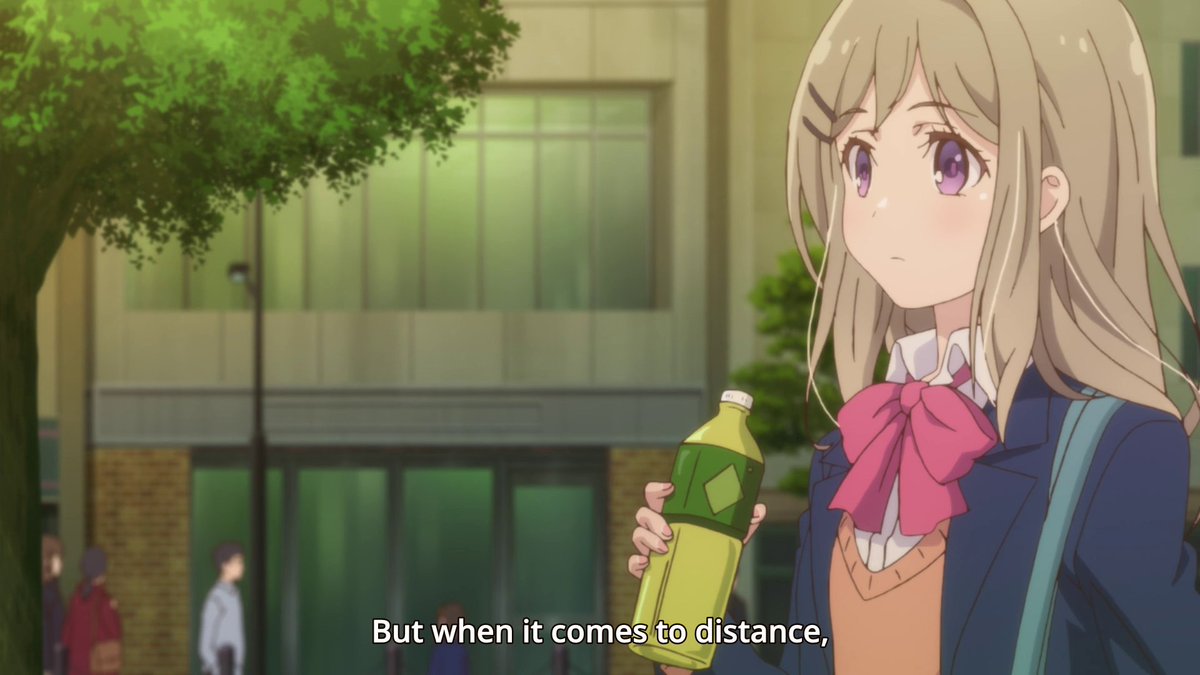 I think that the aforementioned idea of loneliness is shown in this scene where Shimamura feels as if she'll become hurt if she gets too close to people. Both Hino and Nagafuji are darkened while Shimamura is lightened to signify how she separates herself to feel at ease.
