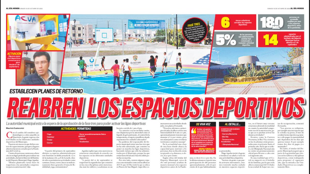 Aldiaqro's tweet photo. Con anuncio de que #Querétaro pasaba a #AMARILLO en el semáforo epidemiológico, espacios deportivos reanudaron servicios.
#Deportes 
#Salud 
#JuntoATi https://t.co/iOOvAVZ6rE