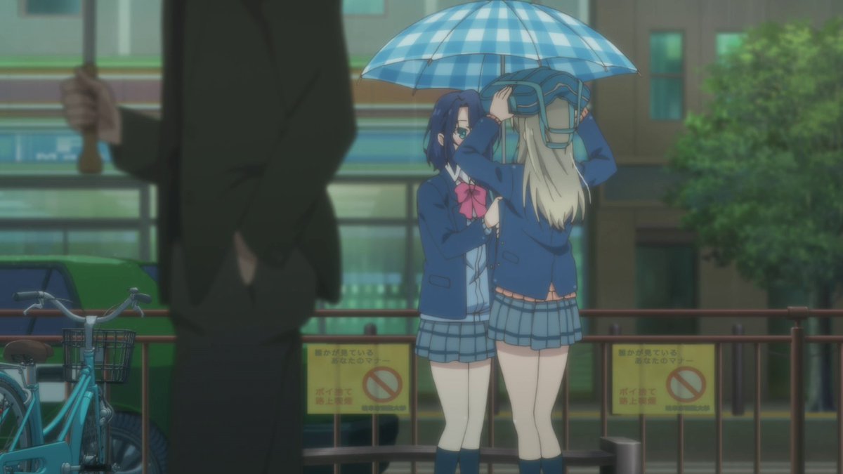 I will once again bring up how umbrellas represent security, and how both characters being underneath an umbrella means that there's a close connection between the two to the point where they feel safe with each other under one shield from negativity, as represented by the rain.