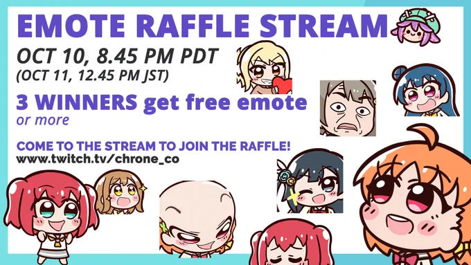Emote raffle!
Winners will be chosen using gacha during the stream
https://t.co/pT6X0nMyNl 