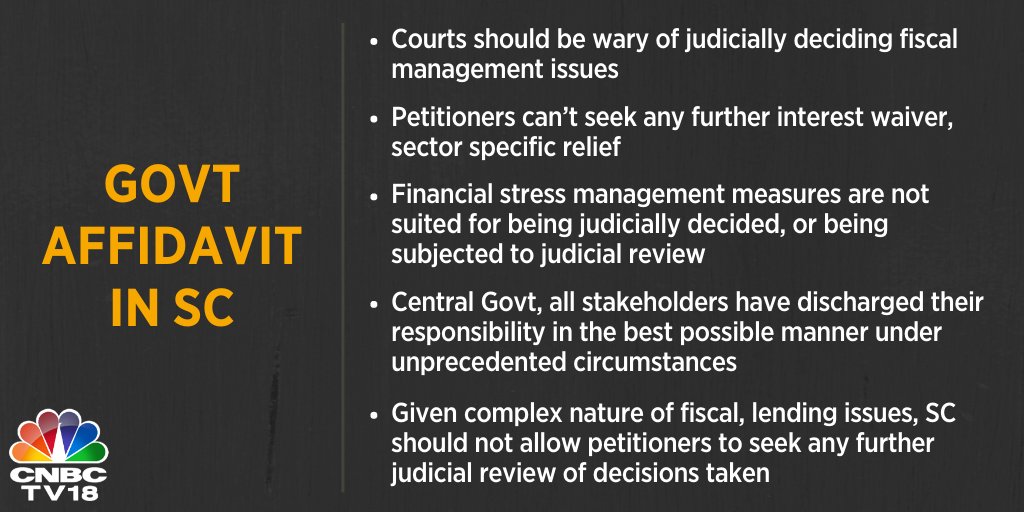 Govt files affidavit in Supreme Court, says courts should be wary of judicially deciding fiscal management issues; petitioners can’t seek any further interest waiver, sector specific relief