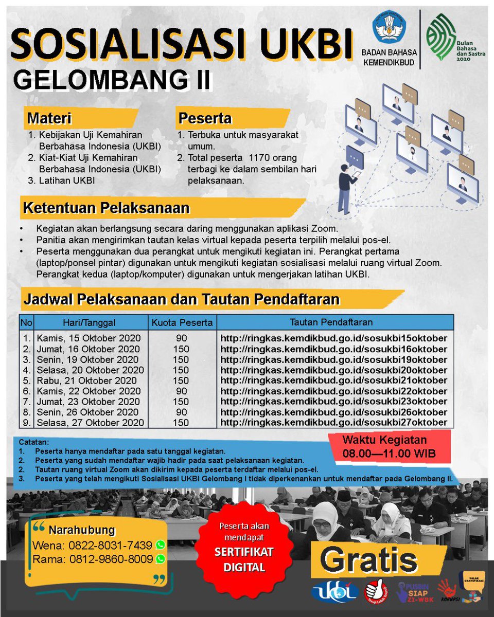 #SahabatBahasa dan #SahabatDikbud, mari berpartisipasi dalam Sosialisasi UKBI Gelombang II pada Oktober 2020 melalui aplikasi Zoom.

#SosialisasiUKBI
#BerbahasauntukIndonesiaSehat
#BBS2020
#BulanBahasadanSastra2020
#MerdekaBelajar
#BersamaHadapiKorona